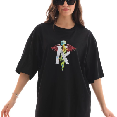 Bisiklet Yaka Baskılı Oversize T-Shirt - Siyah -