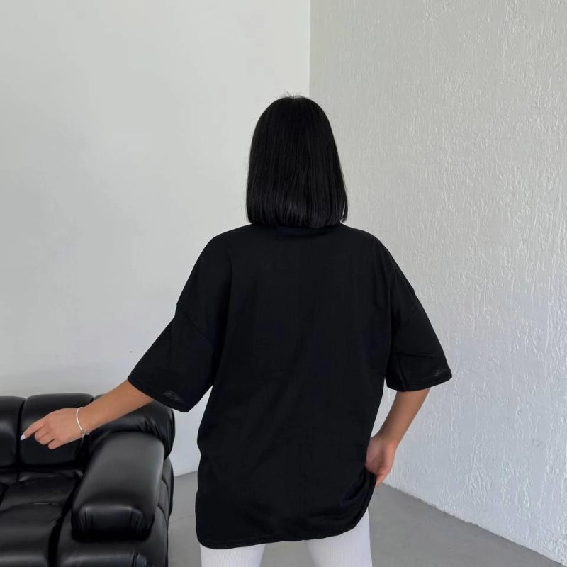 Bisiklet Yaka Baskılı Oversize T-Shirt - Siyah -