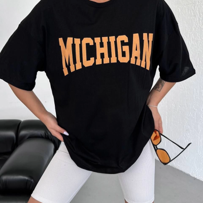 Bisiklet Yaka Baskılı Oversize T-Shirt - Siyah -