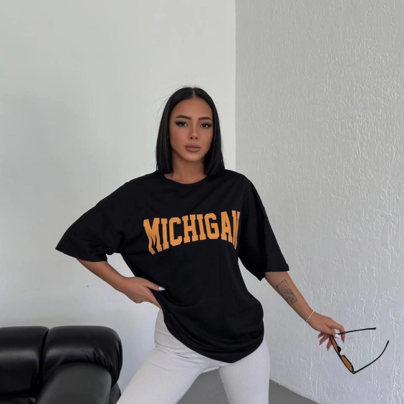 Bisiklet Yaka Baskılı Oversize T-Shirt - Siyah -