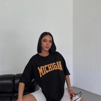 Bisiklet Yaka Baskılı Oversize T-Shirt - Siyah -