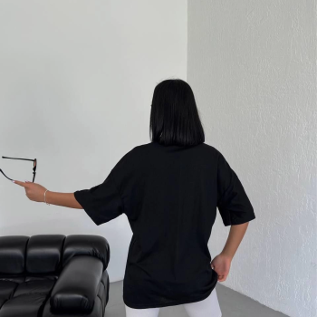 Bisiklet Yaka Baskılı Oversize T-Shirt - Siyah -