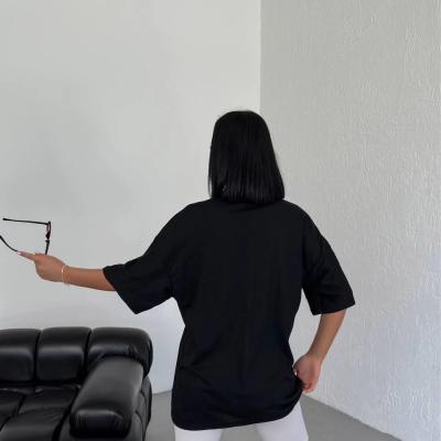 Bisiklet Yaka Baskılı Oversize T-Shirt - Siyah -