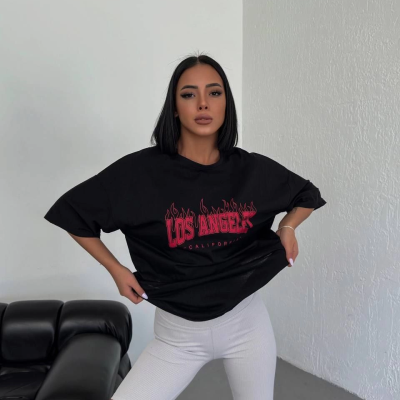 Bisiklet Yaka Baskılı Oversize T-Shirt - Siyah -