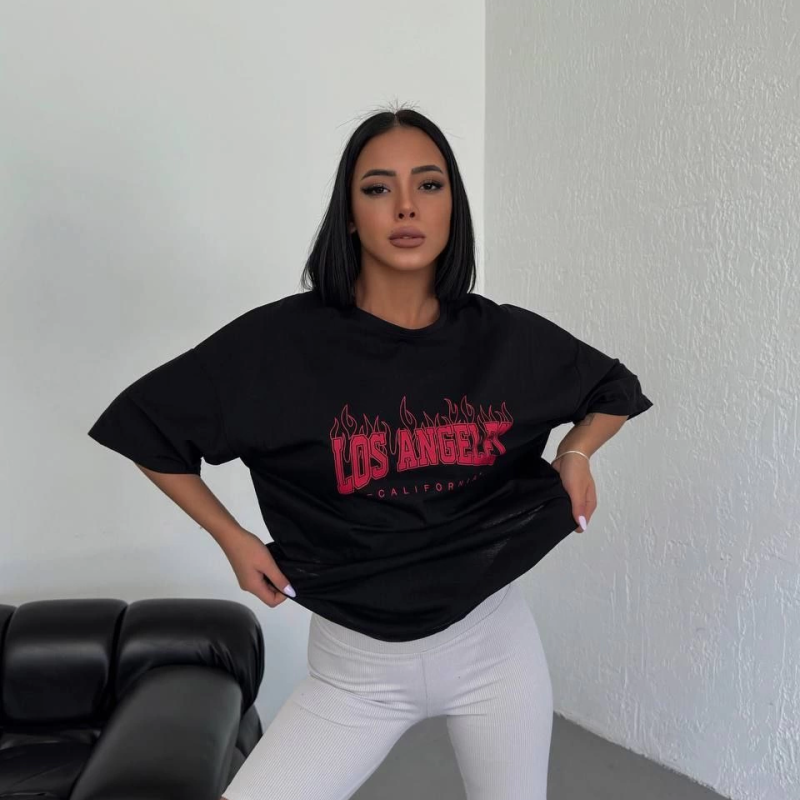 Bisiklet Yaka Baskılı Oversize T-Shirt - Siyah -