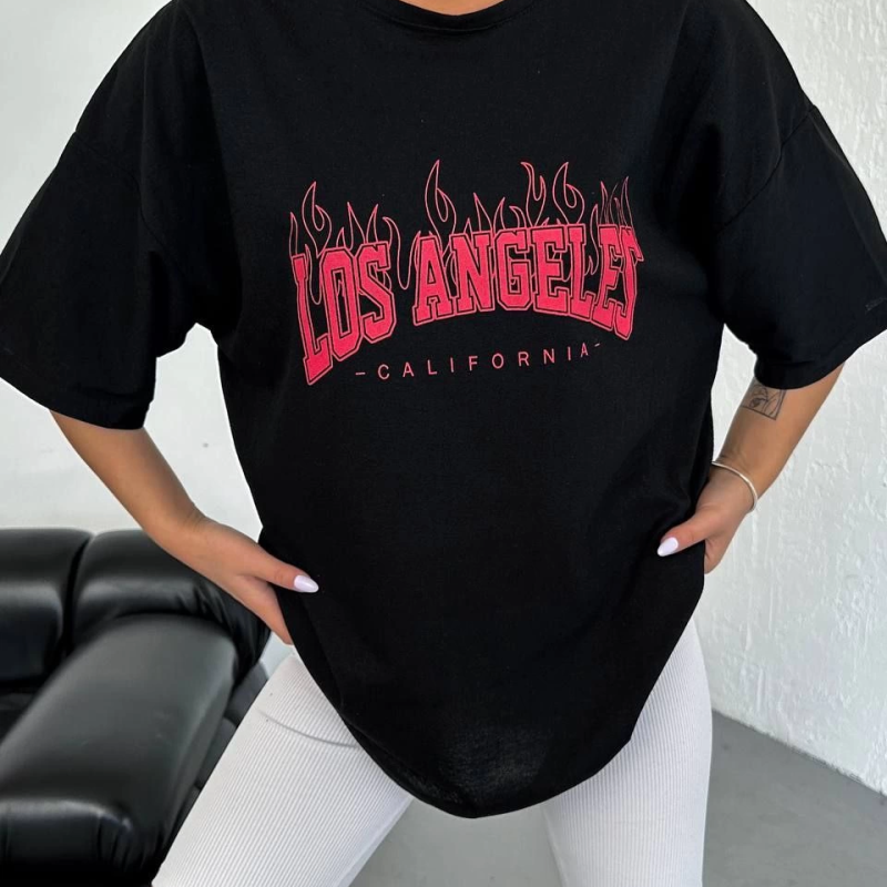 Bisiklet Yaka Baskılı Oversize T-Shirt - Siyah -