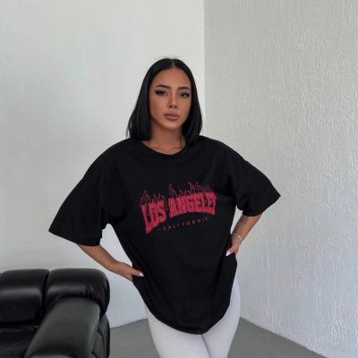 Bisiklet Yaka Baskılı Oversize T-Shirt - Siyah -