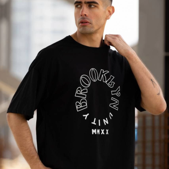 Bisiklet Yaka Baskılı Oversize T-Shirt - Siyah -