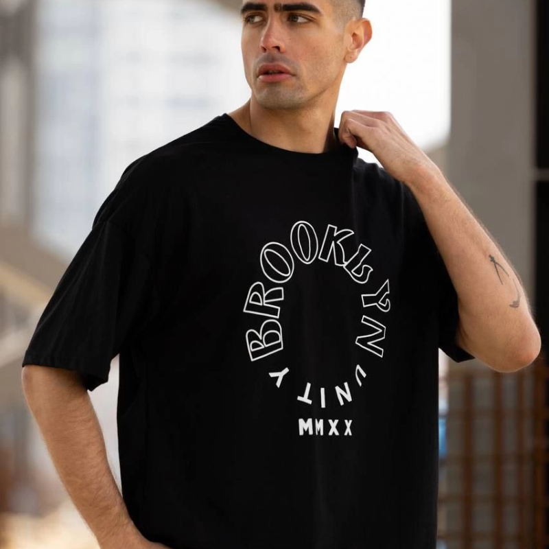 Bisiklet Yaka Baskılı Oversize T-Shirt - Siyah -