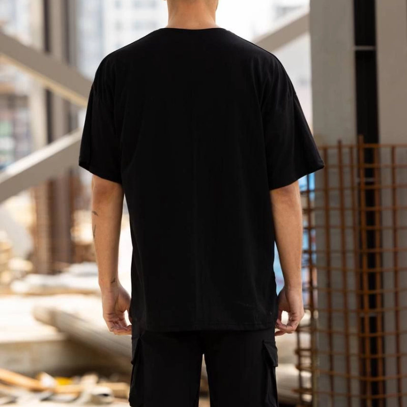 Bisiklet Yaka Baskılı Oversize T-Shirt - Siyah -