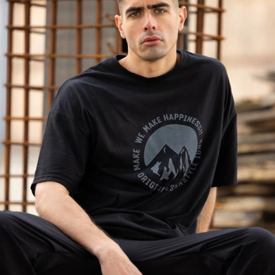 Bisiklet Yaka Baskılı Oversize T-Shirt - Siyah -