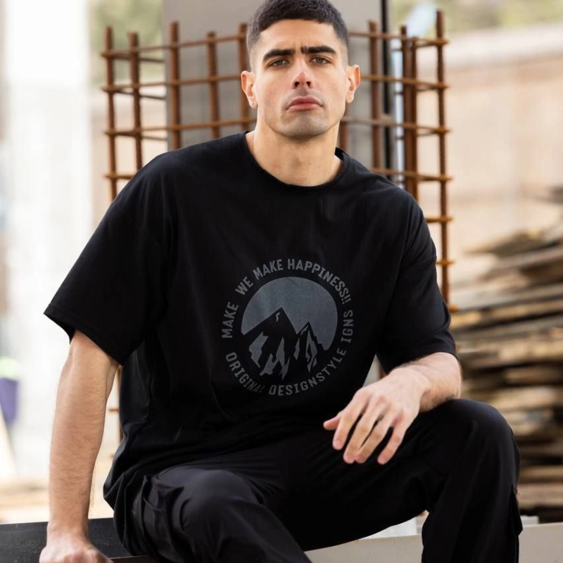 Bisiklet Yaka Baskılı Oversize T-Shirt - Siyah -