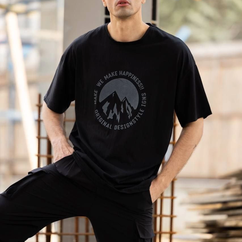 Bisiklet Yaka Baskılı Oversize T-Shirt - Siyah -