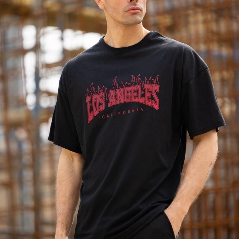 Bisiklet Yaka Baskılı Oversize T-Shirt - Siyah -