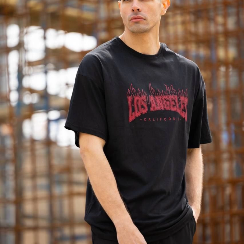 Bisiklet Yaka Baskılı Oversize T-Shirt - Siyah -