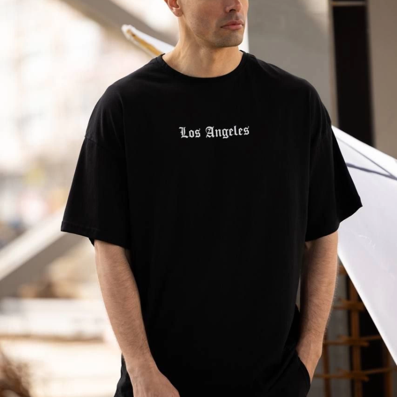 Bisiklet Yaka Baskılı Oversize T-Shirt - Siyah -