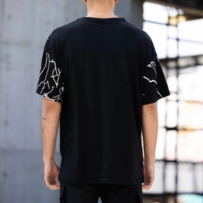 Bisiklet Yaka Baskılı Oversize T-Shirt - Siyah