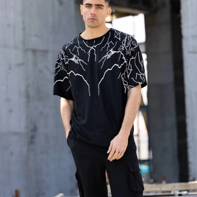 Bisiklet Yaka Baskılı Oversize T-Shirt - Siyah