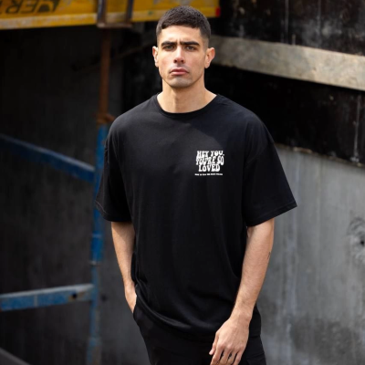 Bisiklet Yaka Baskılı Oversize T-Shirt - Siyah -