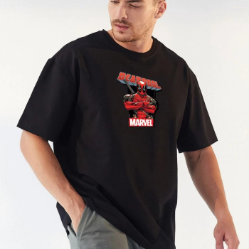 Bisiklet Yaka Baskılı Oversize T-Shirt - Siyah -