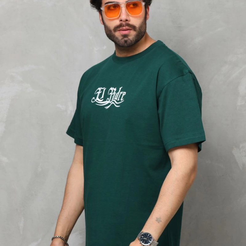Bisiklet Yaka Baskılı Oversize T-Shirt - Yeşil -