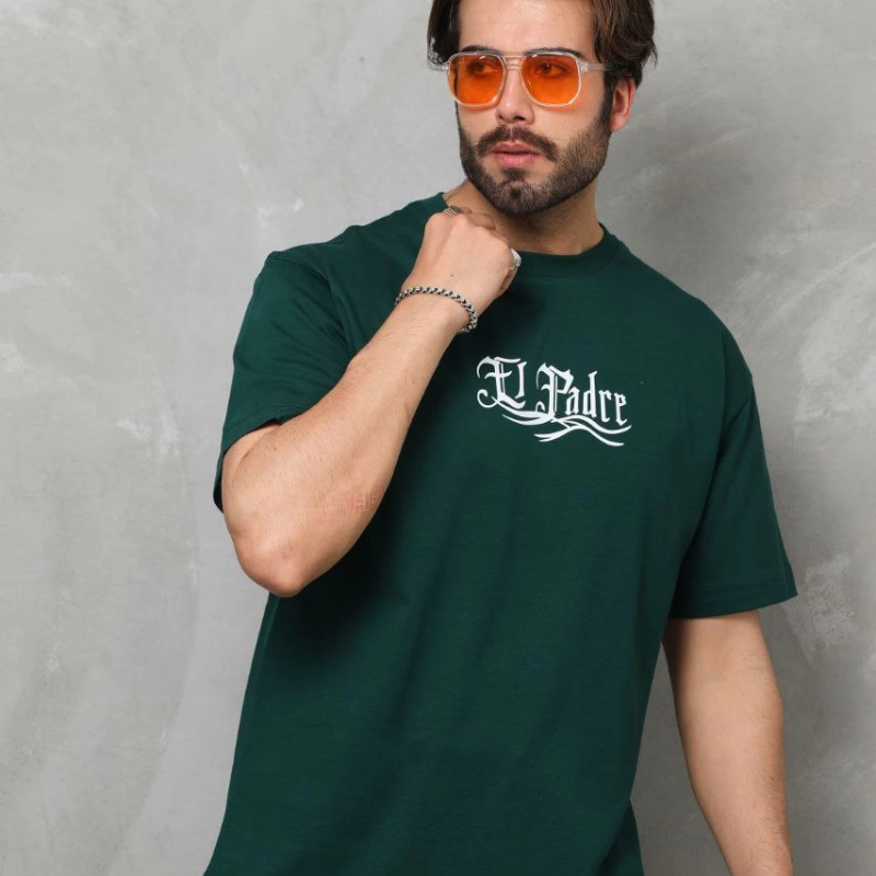 Bisiklet Yaka Baskılı Oversize T-Shirt - Yeşil -