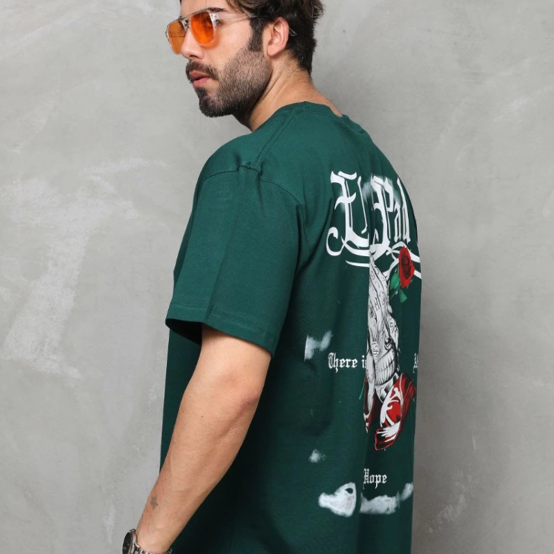 Bisiklet Yaka Baskılı Oversize T-Shirt - Yeşil -