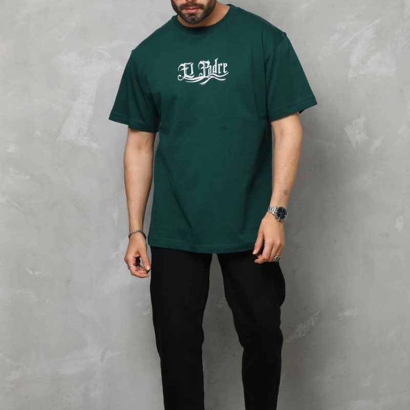 Bisiklet Yaka Baskılı Oversize T-Shirt - Yeşil -