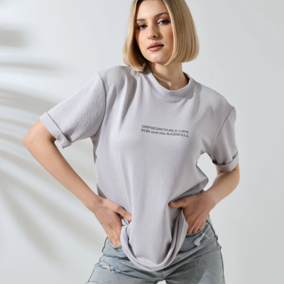 Bisiklet Yaka Baskılı Slim Fit T-Shirt - Boyalı Gri -