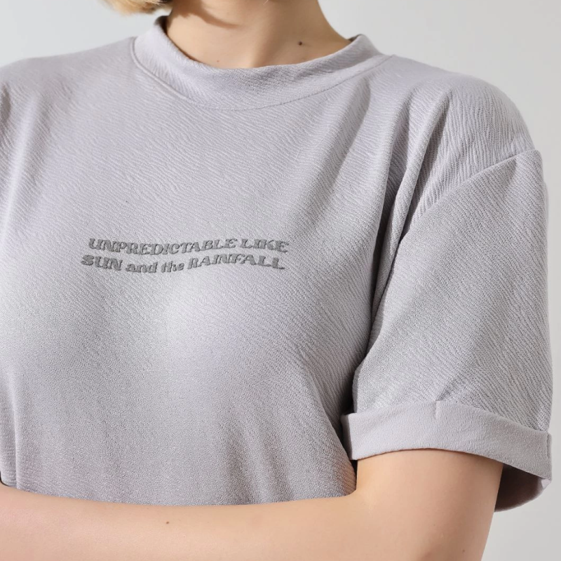 Bisiklet Yaka Baskılı Slim Fit T-Shirt - Boyalı Gri -