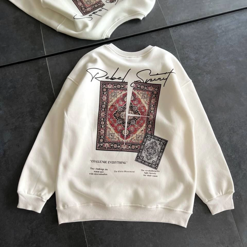 Bisiklet Yaka Baskılı SweatShirt - Beyaz -