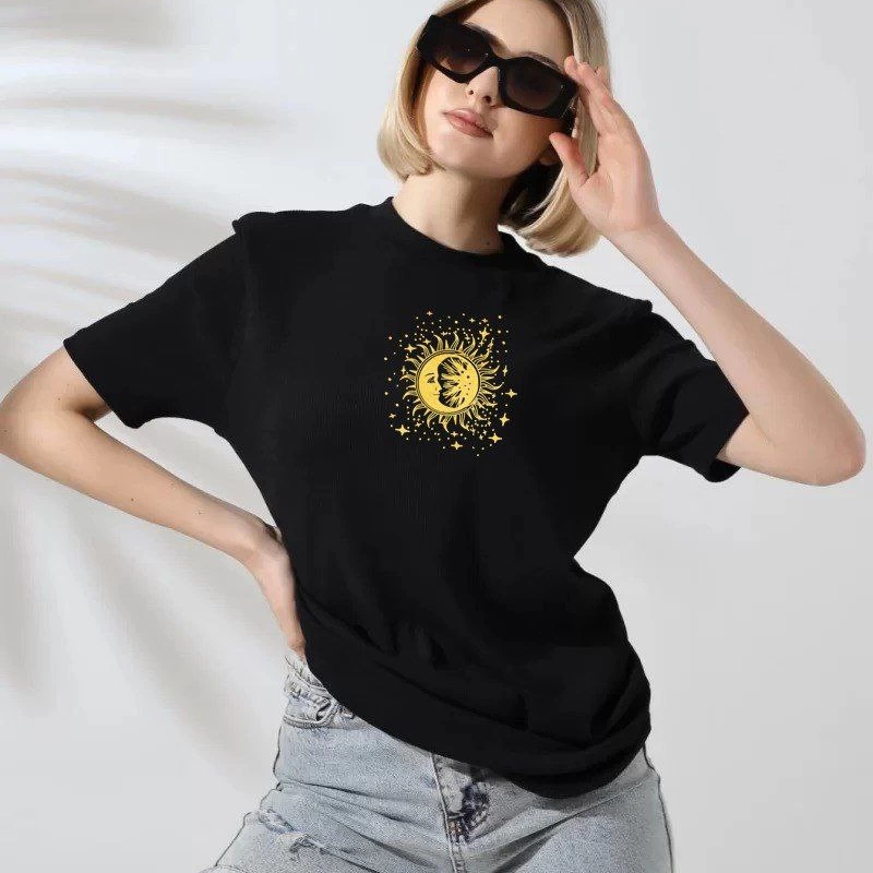 Bisiklet Yaka Baskılı T-Shirt - Siyah -