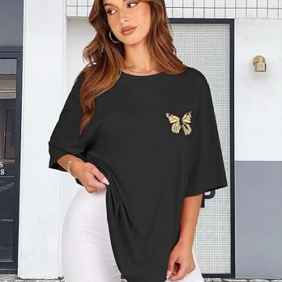 Bisiklet Yaka Baskılı T-shirt - Siyah -