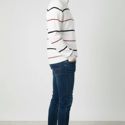 Bisiklet Yaka Cizgili Triko Kazak yumuşak dokulu Pamuklu ince Dokuma, uzun kollu Rahat Regular kalıp - Beyaz