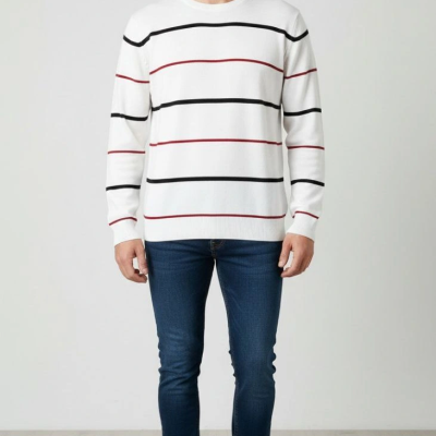 Bisiklet Yaka Cizgili Triko Kazak yumuşak dokulu Pamuklu ince Dokuma, uzun kollu Rahat Regular kalıp - Beyaz