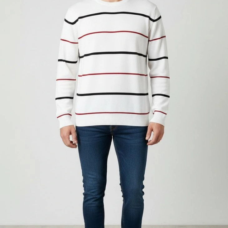 Bisiklet Yaka Cizgili Triko Kazak yumuşak dokulu Pamuklu ince Dokuma, uzun kollu Rahat Regular kalıp - Beyaz