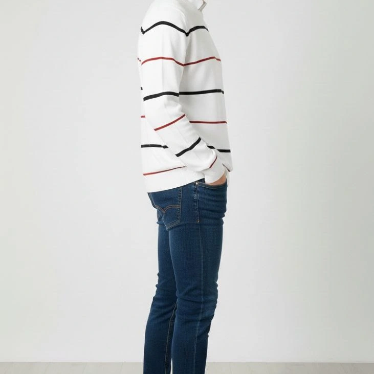 Bisiklet Yaka Cizgili Triko Kazak yumuşak dokulu Pamuklu ince Dokuma, uzun kollu Rahat Regular kalıp - Beyaz