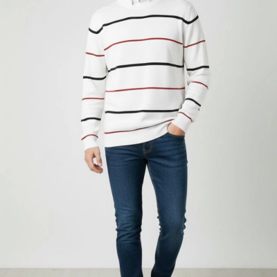 Bisiklet Yaka Cizgili Triko Kazak yumuşak dokulu Pamuklu ince Dokuma, uzun kollu Rahat Regular kalıp - Beyaz