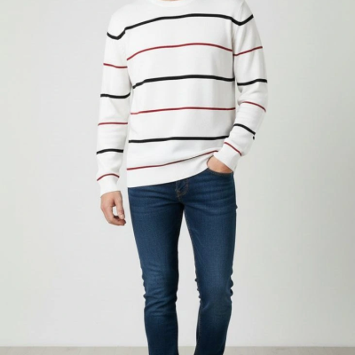 Bisiklet Yaka Cizgili Triko Kazak yumuşak dokulu Pamuklu ince Dokuma, uzun kollu Rahat Regular kalıp - Beyaz