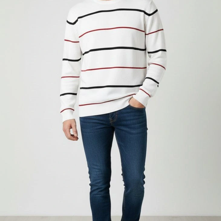 Bisiklet Yaka Cizgili Triko Kazak yumuşak dokulu Pamuklu ince Dokuma, uzun kollu Rahat Regular kalıp - Beyaz