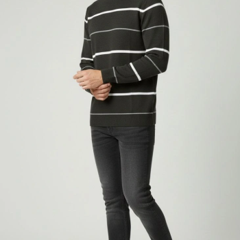 Bisiklet Yaka Cizgili Triko Kazak yumuşak dokulu Pamuklu ince Dokuma, uzun kollu Rahat Regular kalıp - Füme