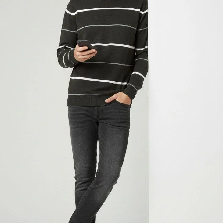 Bisiklet Yaka Cizgili Triko Kazak yumuşak dokulu Pamuklu ince Dokuma, uzun kollu Rahat Regular kalıp - Füme