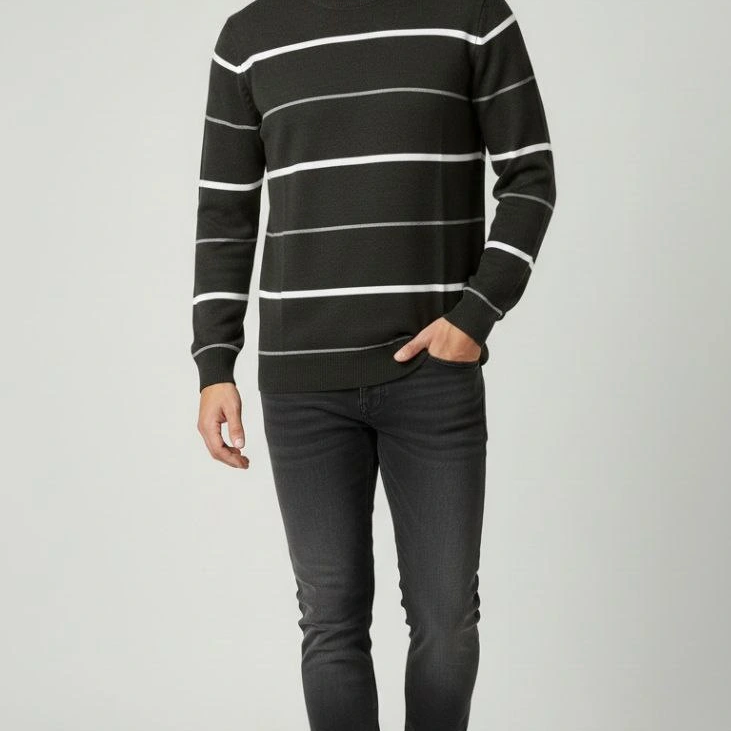 Bisiklet Yaka Cizgili Triko Kazak yumuşak dokulu Pamuklu ince Dokuma, uzun kollu Rahat Regular kalıp - Füme