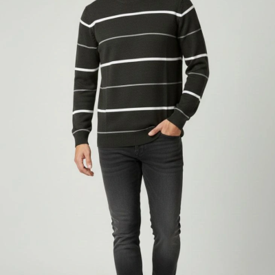 Bisiklet Yaka Cizgili Triko Kazak yumuşak dokulu Pamuklu ince Dokuma, uzun kollu Rahat Regular kalıp - Füme