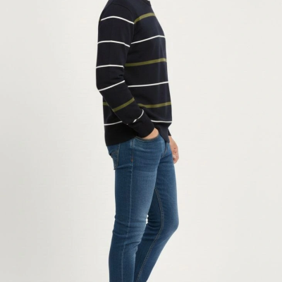 Bisiklet Yaka Cizgili Triko Kazak yumuşak dokulu Pamuklu ince Dokuma, uzun kollu Rahat Regular kalıp - Lacivert