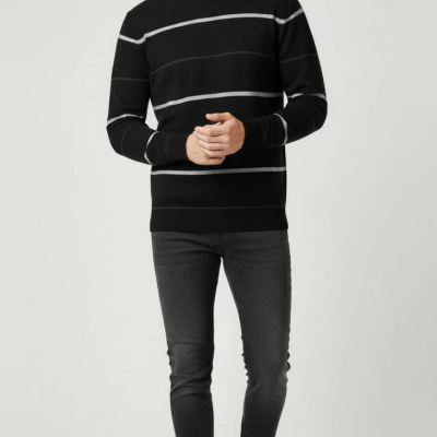 Bisiklet Yaka Cizgili Triko Kazak yumuşak dokulu Pamuklu ince Dokuma, uzun kollu Rahat Regular kalıp - Siyah