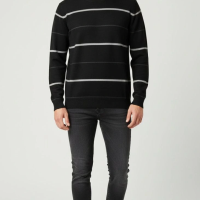 Bisiklet Yaka Cizgili Triko Kazak yumuşak dokulu Pamuklu ince Dokuma, uzun kollu Rahat Regular kalıp - Siyah