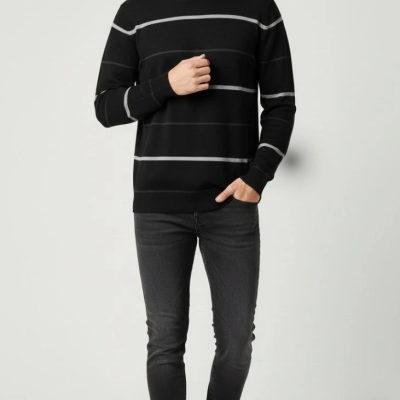 Bisiklet Yaka Cizgili Triko Kazak yumuşak dokulu Pamuklu ince Dokuma, uzun kollu Rahat Regular kalıp - Siyah