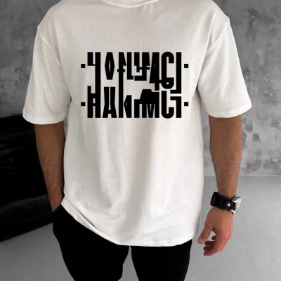 Bisiklet Yaka Katlanan Baskılı T-Shirt - Beyaz -