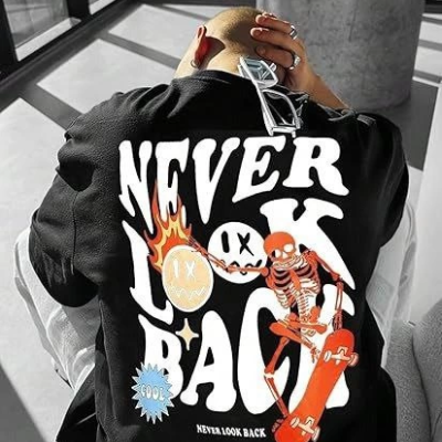 Bisiklet Yaka Kısa Kol Baskılı   T-Shirt - Siyah -